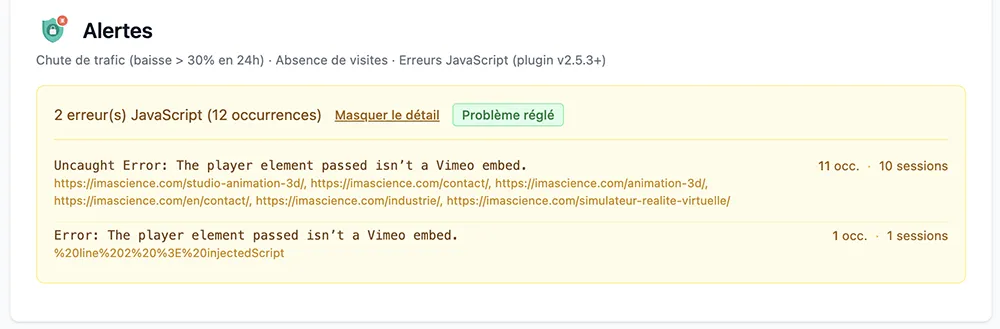 Alertes et erreurs JavaScript - Surveillance automatique